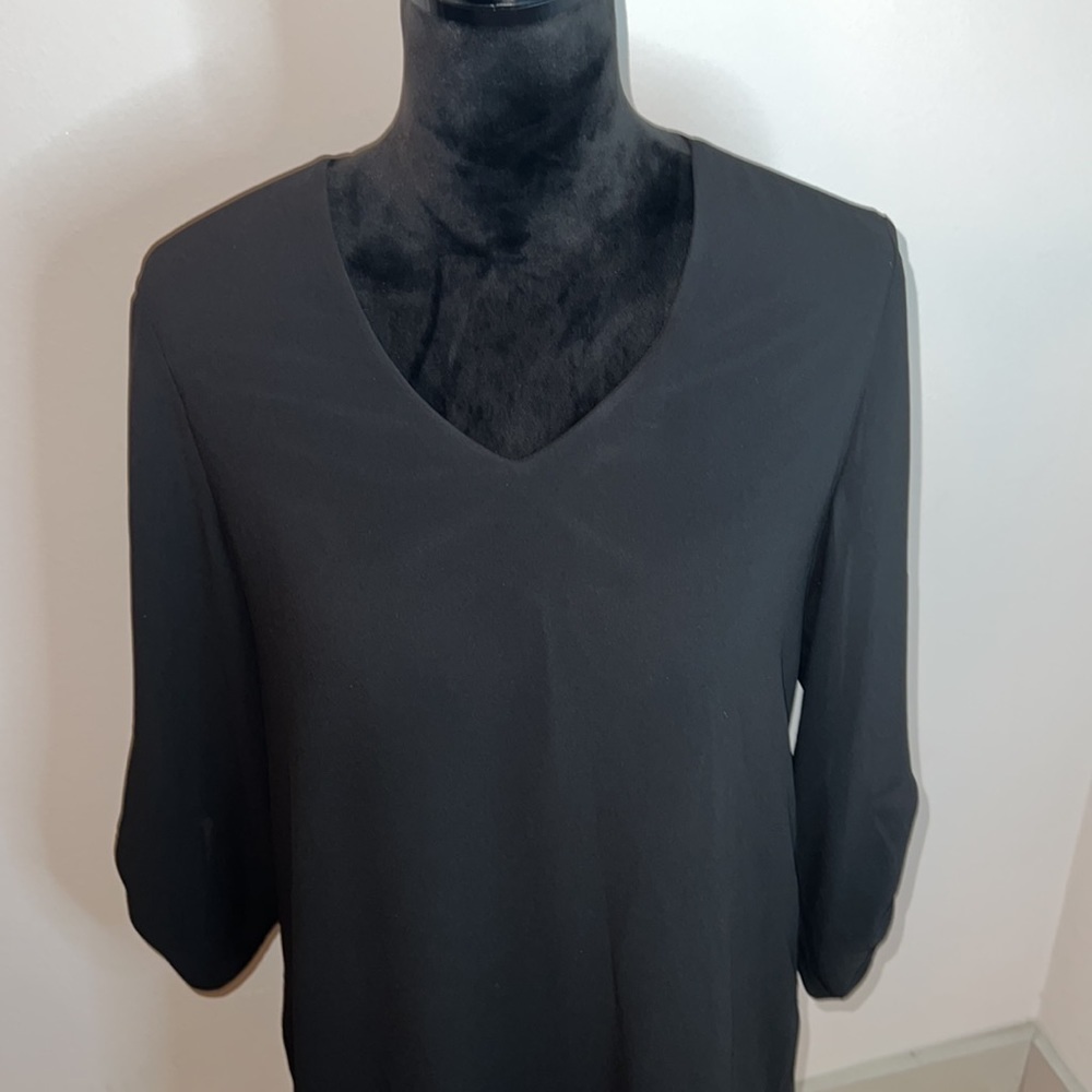 Chico’s black chiffon overlay tunic long blouse V neck Sz S